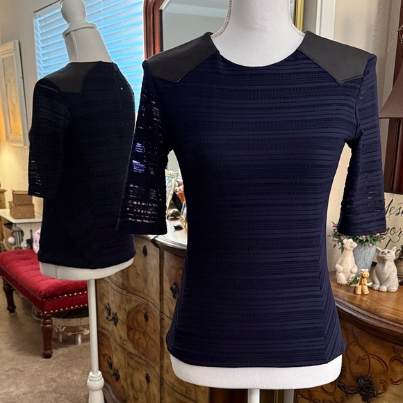 Rag & Bone Midnight Blue Blouse with Ebony Lambs Leather Accents - Picture 1 of 12